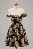 Sparkly Black Floral Off the Shoulder Short Homecoming Dress
