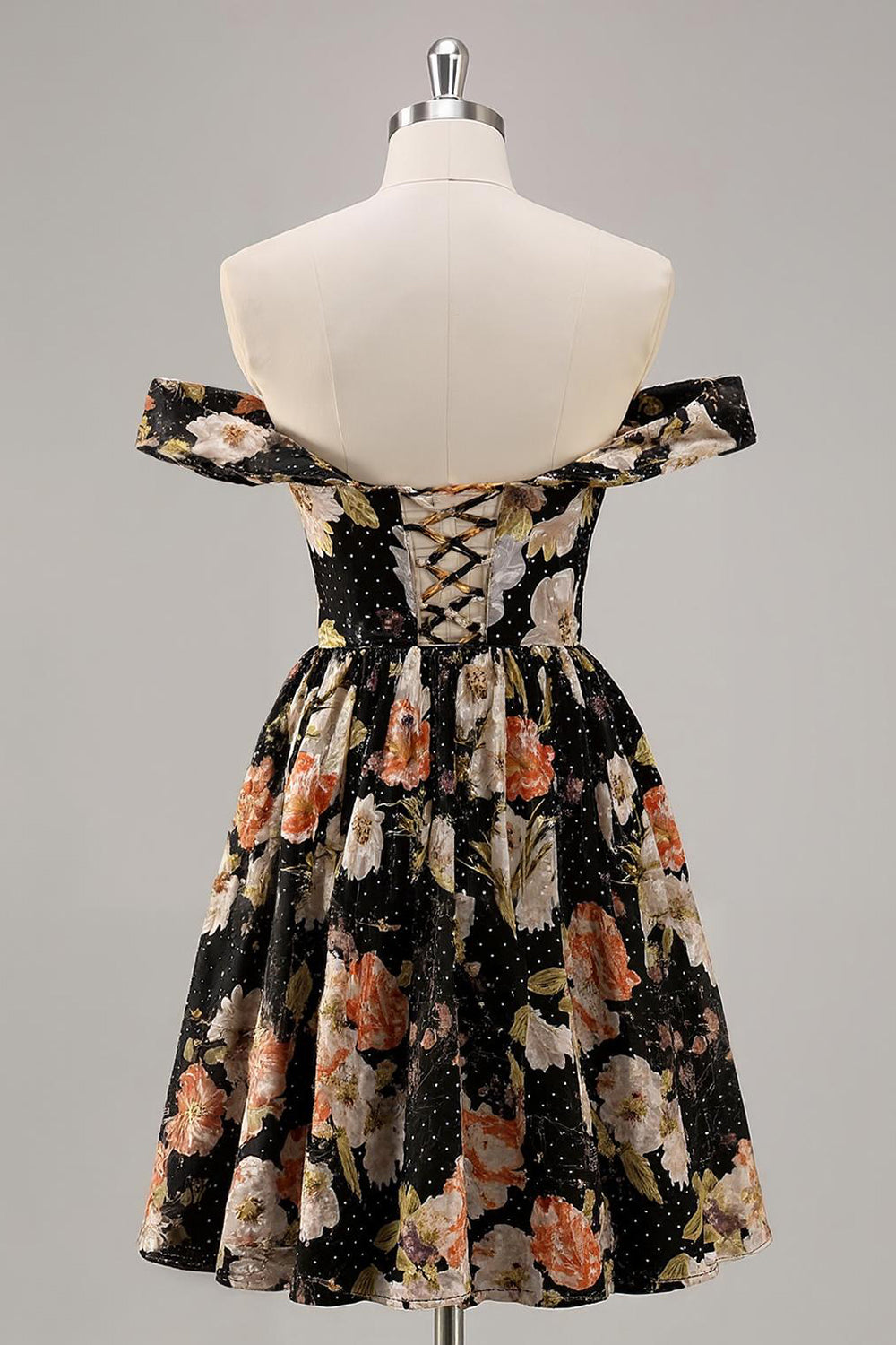 Sparkly Black Floral Off the Shoulder Short Homecoming Dress