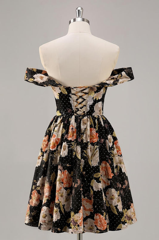 Sparkly Black Floral Off the Shoulder Short Homecoming Dress
