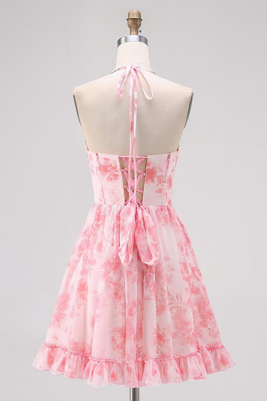 Sparkly Pink Halter Floral Pearls Short Homecoming Dress