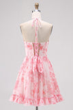 Sparkly Pink Halter Floral Pearls Short Homecoming Dress