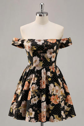 Sparkly Black A Line Short Floral Homecoming Dress