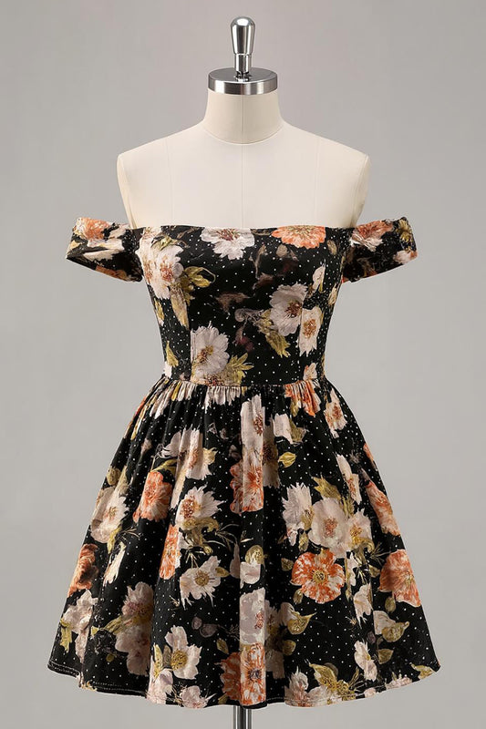 Sparkly Black A Line Short Floral Homecoming Dress