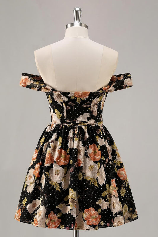 Sparkly Black A Line Short Floral Homecoming Dress