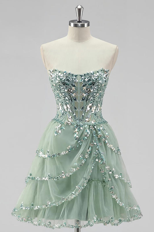 Sparkly Dusty Sage Strapless Short Tiered Homecoming Dress