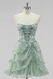 Sparkly Dusty Sage Strapless Short Tiered Homecoming Dress