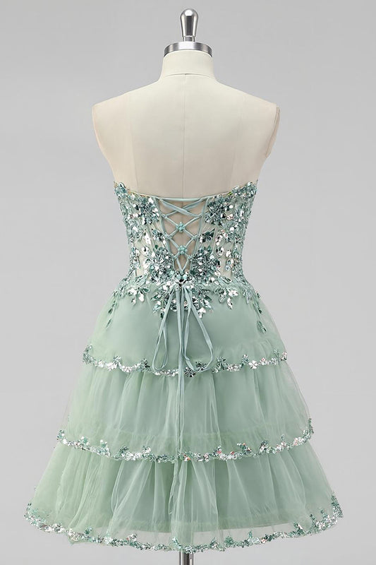 Sparkly Dusty Sage Strapless Short Tiered Homecoming Dress