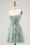Sparkly Dusty Sage Strapless Short Tiered Homecoming Dress