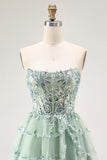 Sparkly Dusty Sage Strapless Short Tiered Homecoming Dress