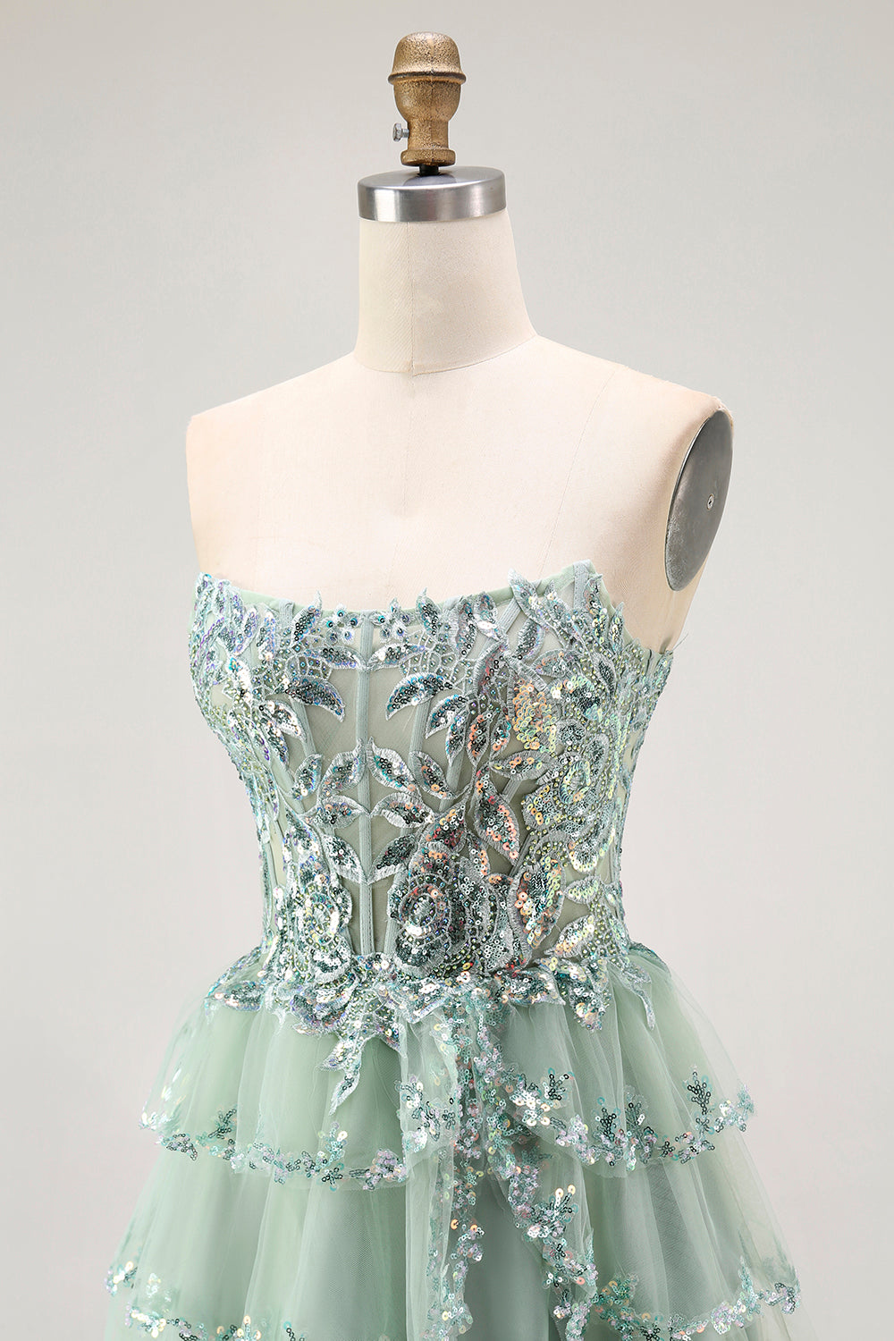 Sparkly Dusty Sage Strapless Short Tiered Homecoming Dress
