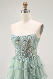 Sparkly Dusty Sage Strapless Short Tiered Homecoming Dress