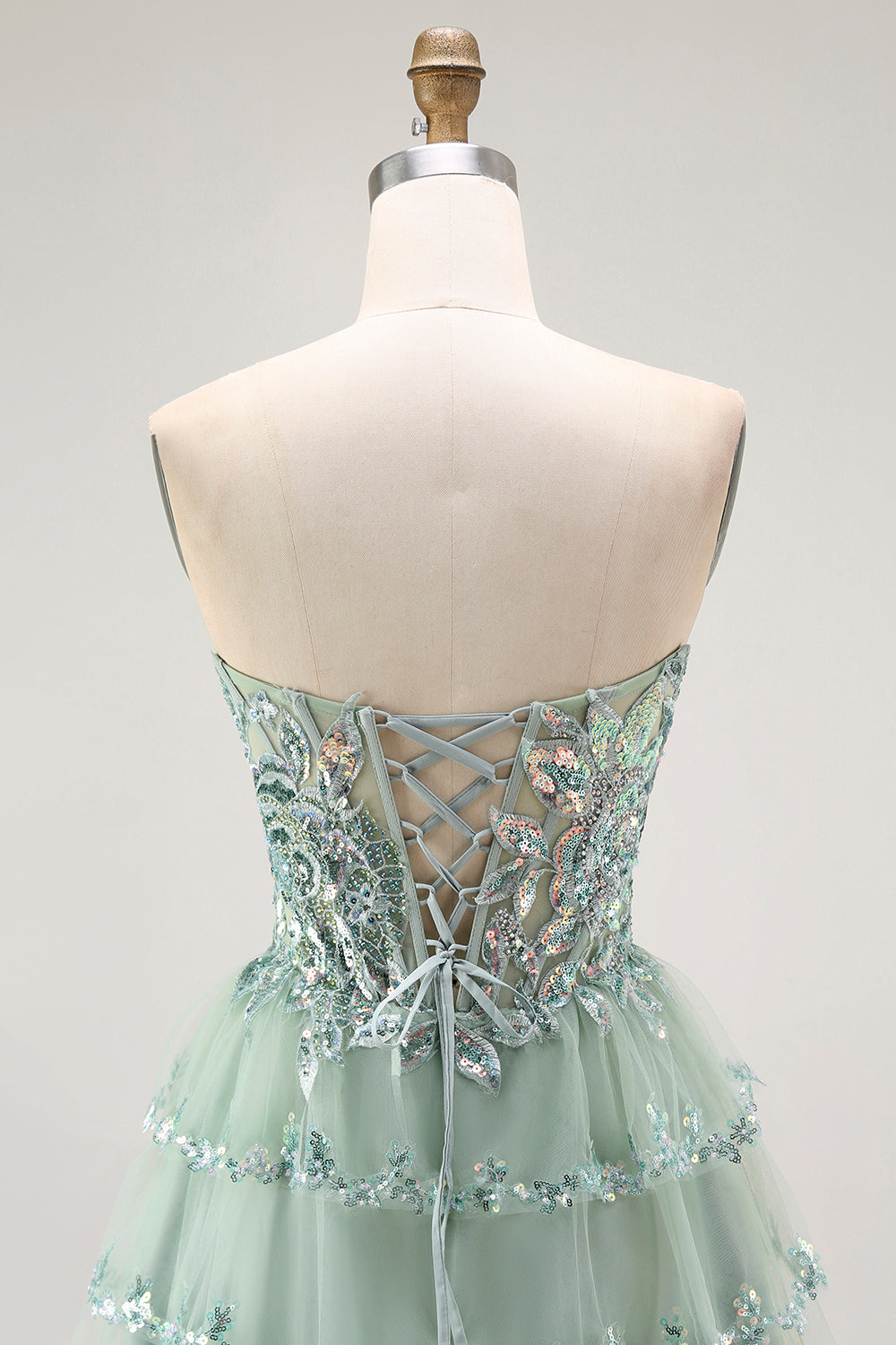 Sparkly Dusty Sage Strapless Short Tiered Homecoming Dress
