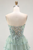 Sparkly Dusty Sage Strapless Short Tiered Homecoming Dress