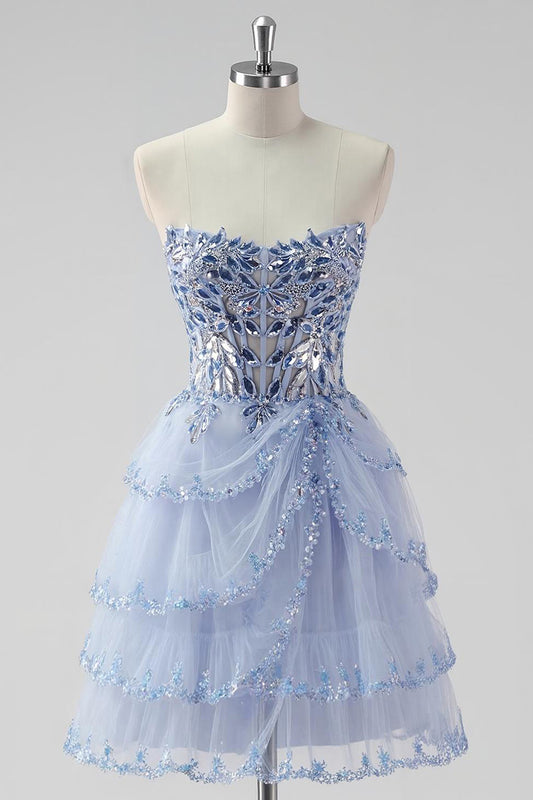 Sparkly Lavender Corset Strapless Short Tiered Homecoming Dress