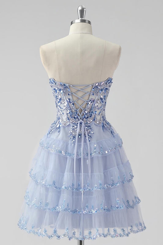 Sparkly Lavender Corset Strapless Short Tiered Homecoming Dress