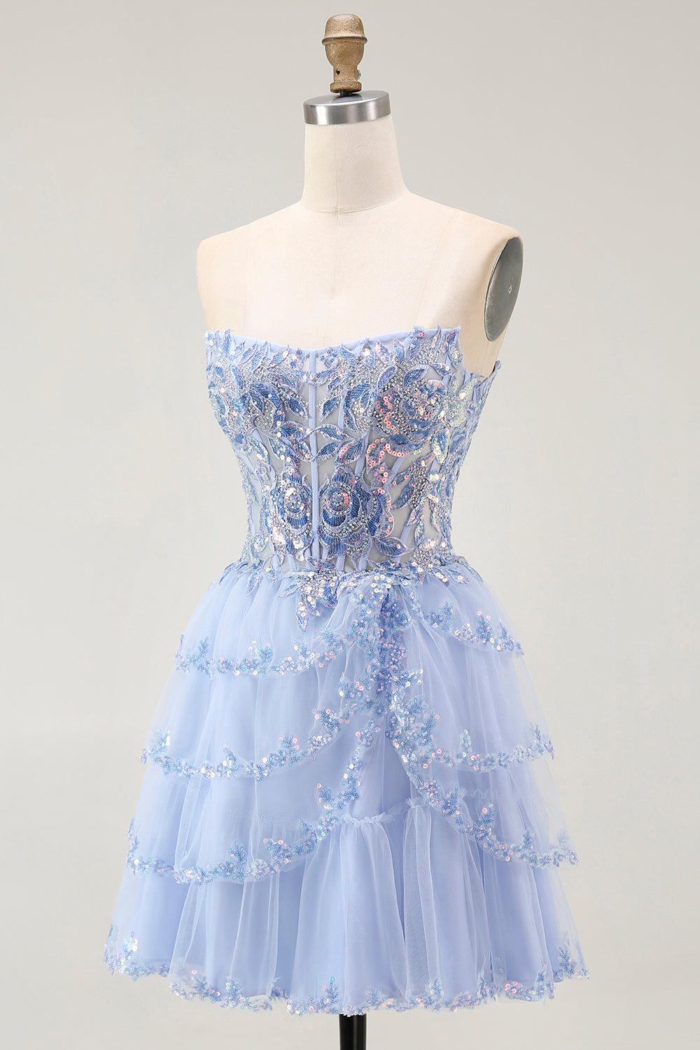 Sparkly Lavender Corset Strapless Short Tiered Homecoming Dress