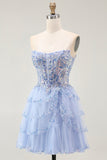 Sparkly Lavender Corset Strapless Short Tiered Homecoming Dress