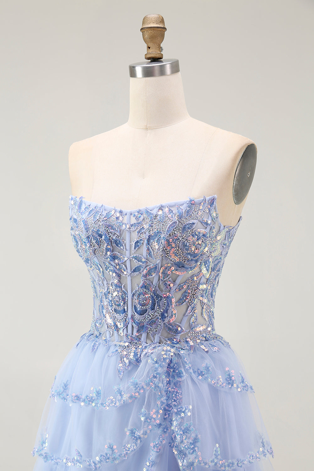 Sparkly Lavender Corset Strapless Short Tiered Homecoming Dress