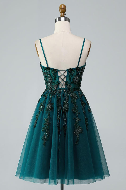 Sparkly Dark Green Short A Line Homecoming Dress with Beading