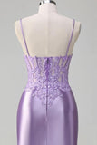 Lilac Floral Tight Corset Short Homecoming Dress with Slit