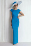 Blue Boat Neck Long Mother of the Bride Dress with Sleeves
