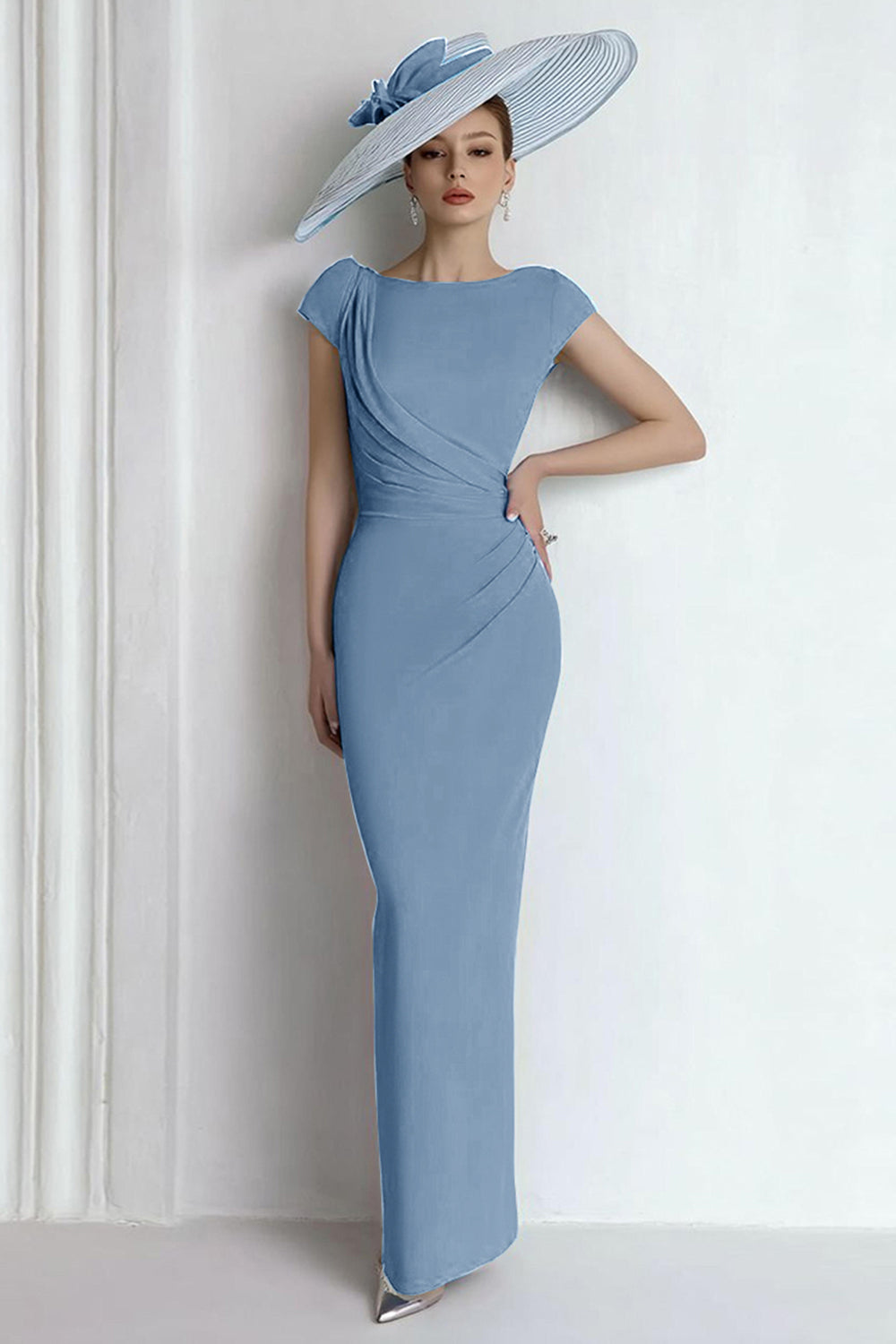 Blue Chiffon Boat Neck Long Mother of the Bride Dress with Sleeves