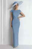 Blue Chiffon Boat Neck Long Mother of the Bride Dress with Sleeves