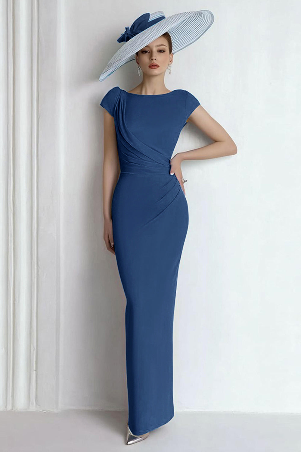 Blue Chiffon Boat Neck Long Mother of the Bride Dress with Sleeves