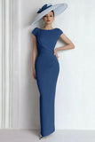 Blue Chiffon Boat Neck Long Mother of the Bride Dress with Sleeves
