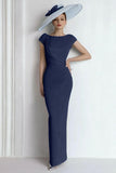 Blue Chiffon Boat Neck Long Mother of the Bride Dress with Sleeves