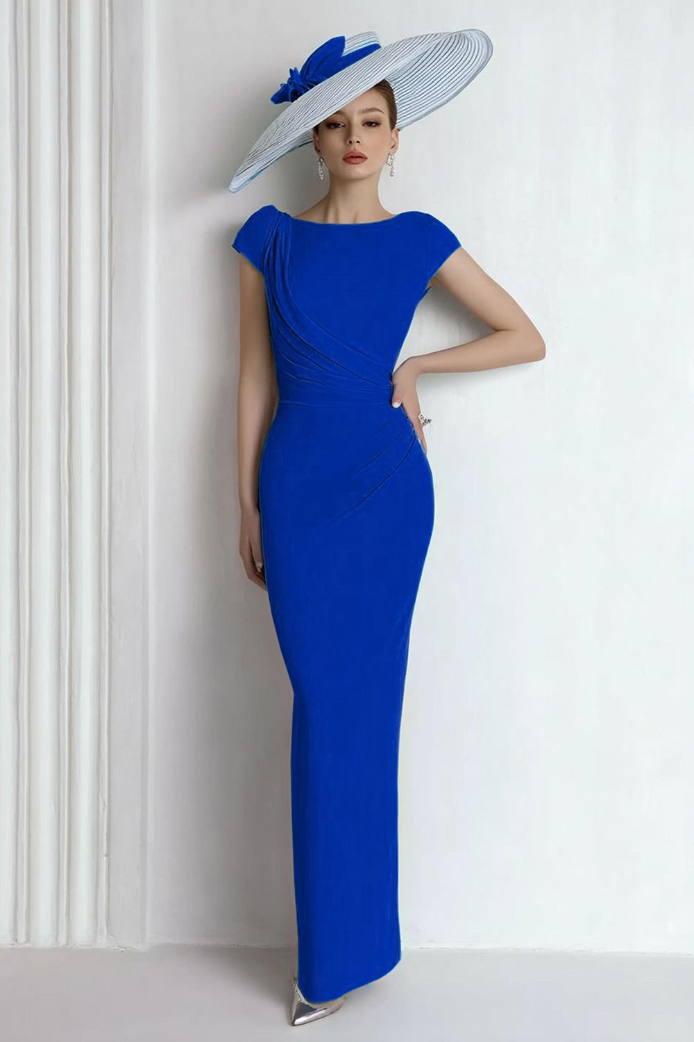 Blue Boat Neck Long Mother of the Bride Dress with Sleeves
