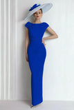 Blue Boat Neck Long Mother of the Bride Dress with Sleeves