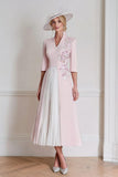 Candy Pink A Line Floral Midi Mother of the Bride Dress with Sleeves