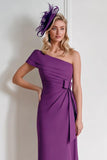Grape One Shoulder Chiffon Midi Mother of the Bride Dress with Bow