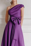 Grape A Line One Shoulder Midi Mother of the Bride Dress with Bow
