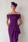 Dark Green Satin Off the Shoulder Midi Mother of the Bride Dress