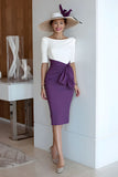 Grape Scoop Neck Bodycon Midi Mother of the Bride Dress with Sleeves