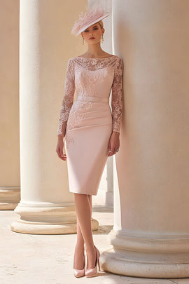 Zapakasa Women Blush Pink Satin Midi Mother of the Bride Dress with Lace Illusion Neck Bodycon Wedding Guest Dress with Sleeves Zapakasa Women Blush Pink Satin Midi Mother of the Bride Dress with Lace Illusion Neck Bodycon Wedding Guest Dress with Sleeves