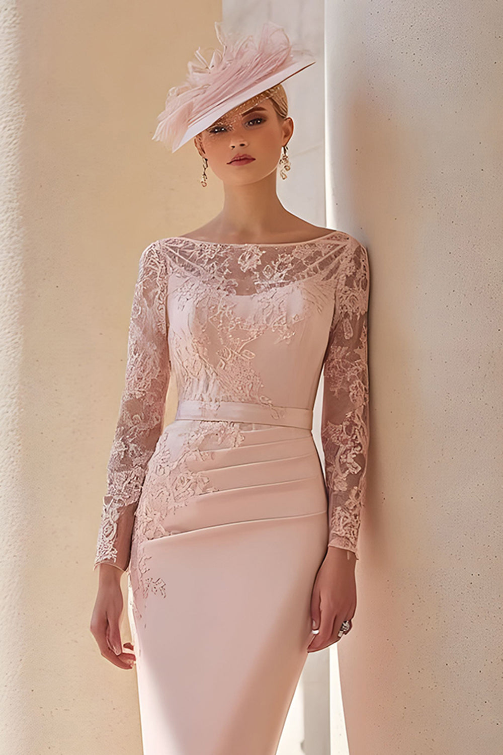Zapakasa Women Blush Pink Satin Midi Mother of the Bride Dress with Lace Illusion Neck Bodycon Wedding Guest Dress with Sleeves Zapakasa Women Blush Pink Satin Midi Mother of the Bride Dress with Lace Illusion Neck Bodycon Wedding Guest Dress with Sleeves
