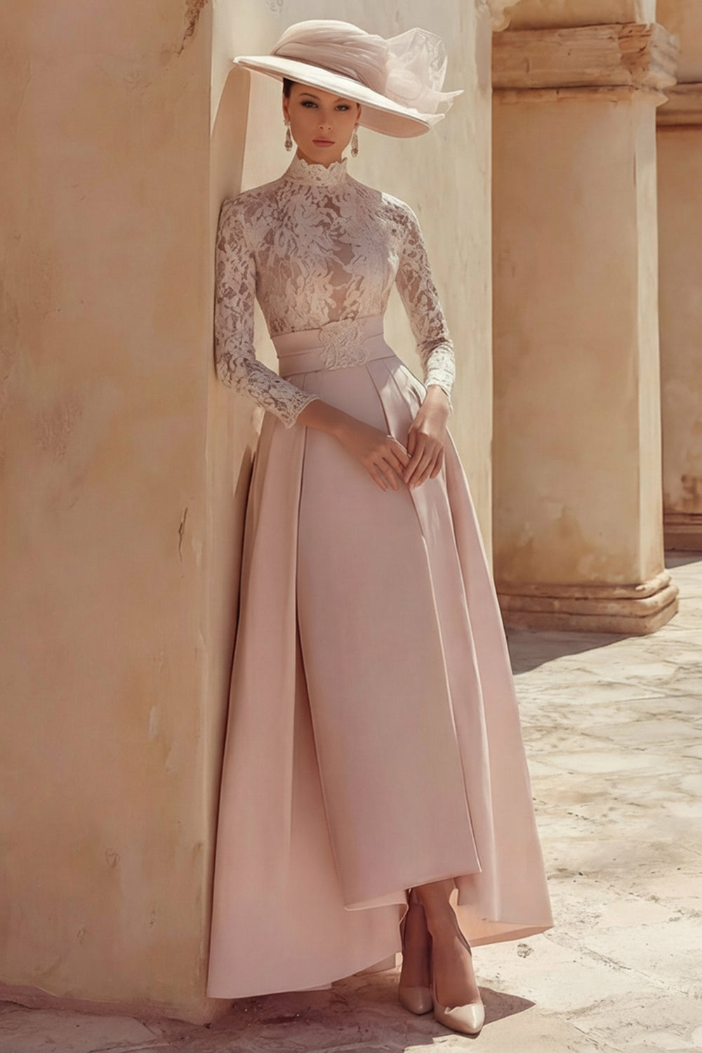 Candy Pink High Neck Long Mother of the Bride Dress with Lace