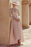 Candy Pink High Neck Long Mother of the Bride Dress with Lace