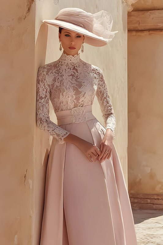 Candy Pink High Neck Long Mother of the Bride Dress with Lace