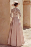 Candy Pink High Neck Long Mother of the Bride Dress with Lace