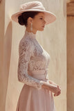 Candy Pink High Neck Long Mother of the Bride Dress with Lace