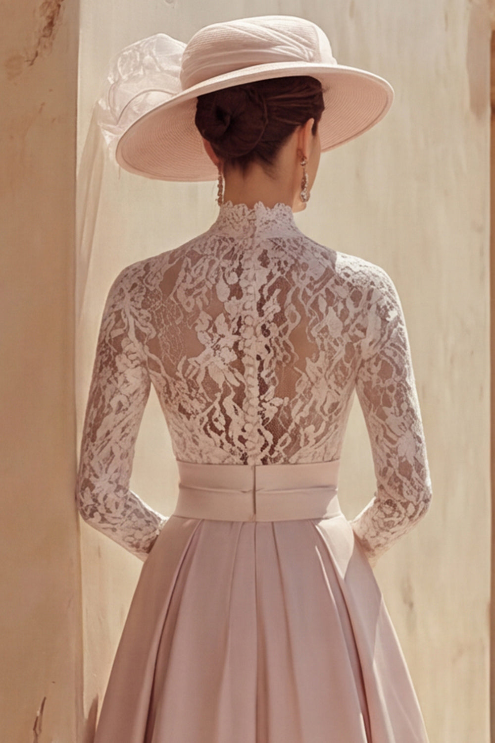 Candy Pink High Neck Long Mother of the Bride Dress with Lace