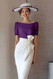Grape Pencil Boat Neck Midi Mother of the Bride Dress with Bow