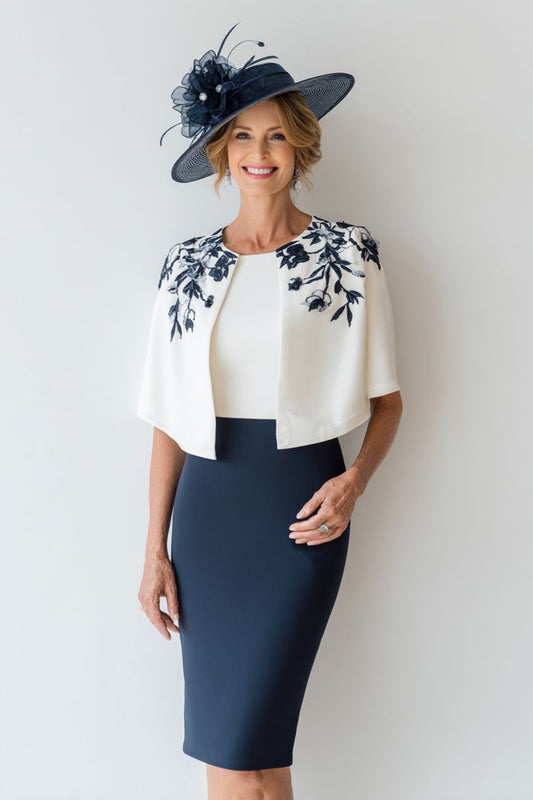 Navy Bodycon Floral 2 Piece Short Mother of the Bride Dress