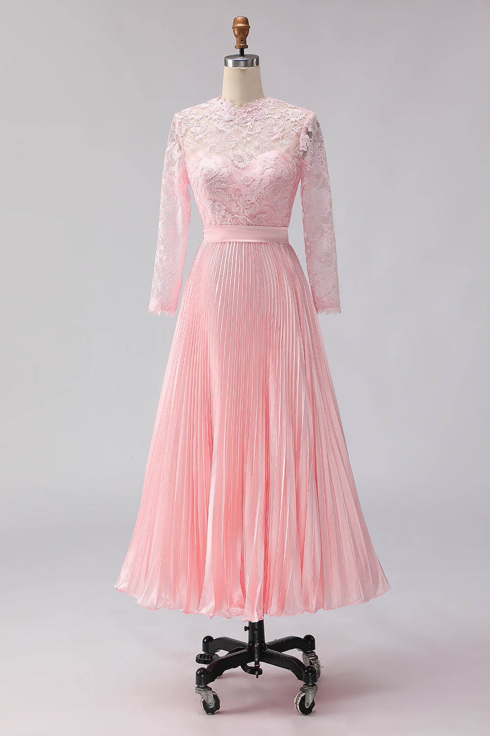 Blush Pink A Line Pleated Midi Mother of the Bride Dress with Lace