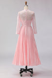 Blush Pink A Line Pleated Midi Mother of the Bride Dress with Lace