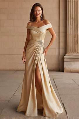 Zapakasa Women Champagne Glitter Long Mother of the Bride Dress with Slit Off the Shoulder Metallic Ruched Prom Dress Zapakasa Women Champagne Glitter Long Mother of the Bride Dress with Slit Off the Shoulder Metallic Ruched Prom Dress